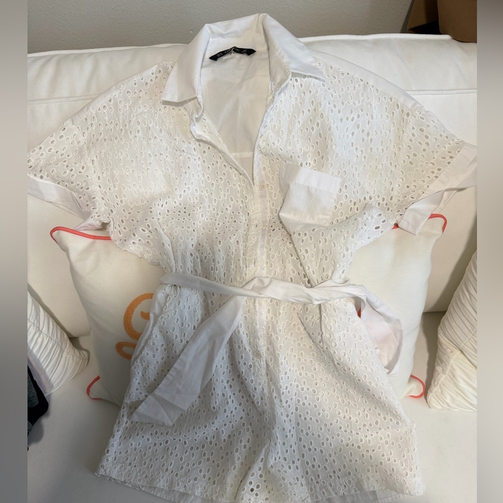 White Eyelet Romper with Belt, Zara